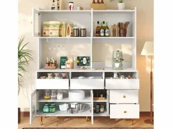 Merax Aparador De Cocina|Aparador alto de cocina - 145 x 39 x 171 cm - con 4 puertas de cristal + 5 cajones - MDF -