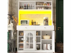 Merax Aparador De Cocina|Aparador alto de cocina - 120 x 40 x 180 cm - con estantes regulables + 2 cajones + 3 puertas + LED - MDF + PB -