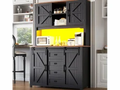 Merax Aparador alto de cocina - 115 x 40 x 174,7 cm - con puertas correderas + cajones + LED - MDF + metal - Negro Online