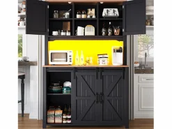 Merax Aparador alto de cocina - 115 x 40 x 174,7 cm - con puertas correderas + cajones + LED - MDF + metal - Negro Online