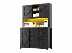 Merax Aparador alto de cocina - 115 x 40 x 174,7 cm - con puertas correderas + cajones + LED - MDF + metal - Negro Online