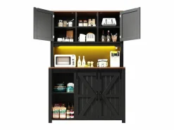 Merax Aparador alto de cocina - 115 x 40 x 174,7 cm - con puertas correderas + cajones + LED - MDF + metal - Negro Online