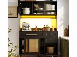 Aparador alto de cocina - 120 x 45 x 195,5 cm - con estantes regulables + 3 cajones + 3 puertas + LED - MDF + ratán PE -^Merax Discount