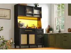 Aparador alto de cocina - 120 x 45 x 195,5 cm - con estantes regulables + 3 cajones + 3 puertas + LED - MDF + ratán PE -^Merax Discount