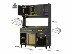 Aparador alto de cocina - 120 x 45 x 195,5 cm - con estantes regulables + 3 cajones + 3 puertas + LED - MDF + ratán PE -^Merax Discount