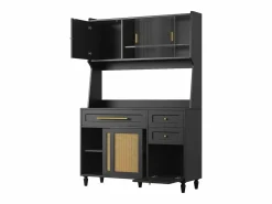 Aparador alto de cocina - 120 x 45 x 195,5 cm - con estantes regulables + 3 cajones + 3 puertas + LED - MDF + ratán PE -^Merax Discount