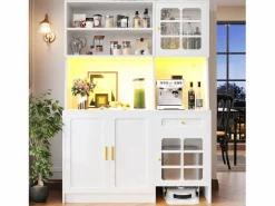 Aparador alto de cocina - 130 x 45 x 180 cm - con puertas de cristal + LEDs + cajón + estante - MDF -^Merax Hot