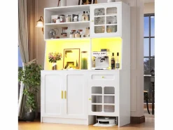 Aparador alto de cocina - 130 x 45 x 180 cm - con puertas de cristal + LEDs + cajón + estante - MDF -^Merax Hot