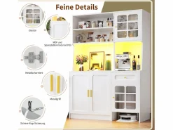 Aparador alto de cocina - 130 x 45 x 180 cm - con puertas de cristal + LEDs + cajón + estante - MDF -^Merax Hot