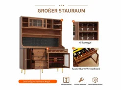 Merax Aparador alto de cocina - 145 x 39 x 171 cm - con LEDs + botellero + puertas de cristal + 3 cajones - cristal + MDF - natural Marru00f3n Discount