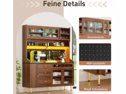 Merax Aparador alto de cocina - 145 x 39 x 171 cm - con LEDs + botellero + puertas de cristal + 3 cajones - cristal + MDF - natural Marru00f3n Discount