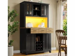 Merax Aparador alto de cocina con 4 puertas + 3 cajones + estante + luces LED - 106 x 40 x 179,5 cm - MDF - Negro Online