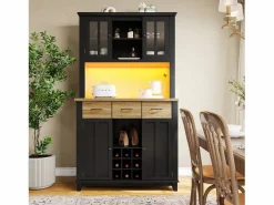 Merax Aparador alto de cocina con 4 puertas + 3 cajones + estante + luces LED - 106 x 40 x 179,5 cm - MDF - Negro Online