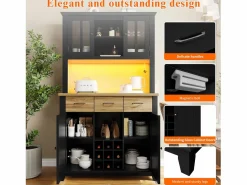 Merax Aparador alto de cocina con 4 puertas + 3 cajones + estante + luces LED - 106 x 40 x 179,5 cm - MDF - Negro Online