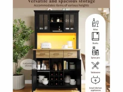 Merax Aparador alto de cocina con 4 puertas + 3 cajones + estante + luces LED - 106 x 40 x 179,5 cm - MDF - Negro Online