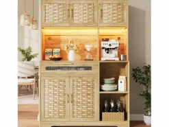 Merax Aparador alto de cocina para salón - 120 x 40 x 180 cm - con 1 cajón + 6 puertas + LED - Cristal + MDF + metal - natural Color natural claro New