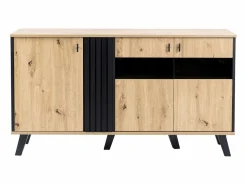 Merax Aparador|Aparador bajo - Decoración artesanal de roble y negro - 3 puertas de cristal y tableros de partículas - An 140 x Al 78 x Pr 41 cm