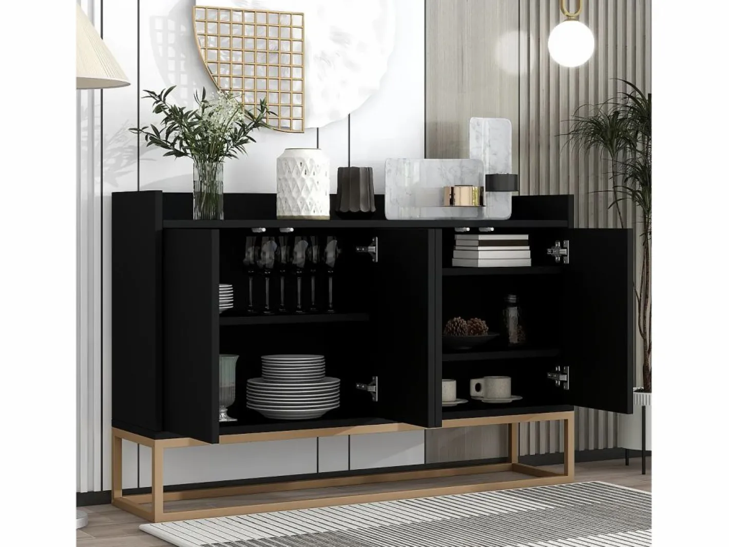 Merax Aparador|Aparador bajo 4 puertas - Patas de madera MDF y metal - Estilo moderno - Color - 120 x 30 x 80 cm