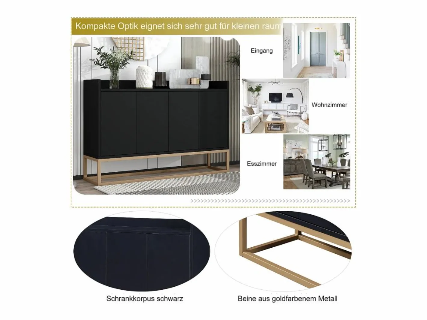 Merax Aparador|Aparador bajo 4 puertas - Patas de madera MDF y metal - Estilo moderno - Color - 120 x 30 x 80 cm
