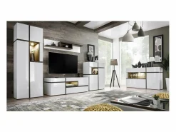 Meublorama Aparador bajo, bar CRISS + LED. Vitrina, mueble para vajilla decorativo, moderno y de diseño para tu salón. Blanco Outlet