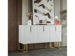 Merax Aparador bajo de 3 puertas con estantes regulables - 138x40x80,5cm - Madera MDF y metal dorado - Blanco Discount