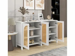 Aparador - Aparador con 4 puertas de ratán y tiradores de metal - para comedor y salón Blanco Sale