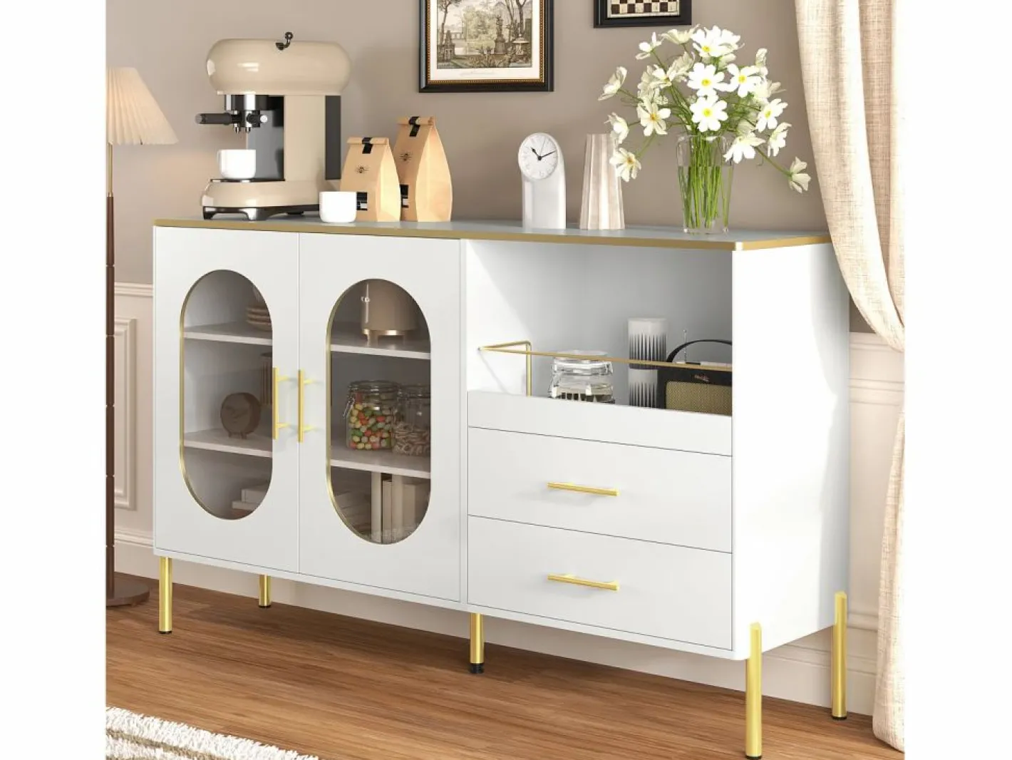 OKWISH Aparador con 2 cajones y 2 puertas de cristal, tiradores y patas dorados - para salón y comedor Blanco New