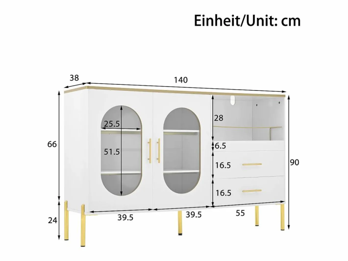 OKWISH Aparador con 2 cajones y 2 puertas de cristal, tiradores y patas dorados - para salón y comedor Blanco New