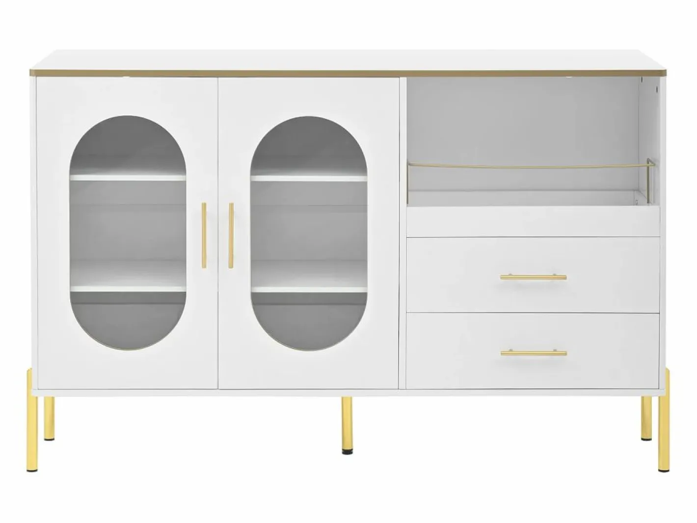 OKWISH Aparador con 2 cajones y 2 puertas de cristal, tiradores y patas dorados - para salón y comedor Blanco New