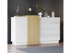 Merax Aparador con 3 cajones y 4 puertas - 160 x 37 x 75 cm - Madera MDF - Color brillo y madera Blanco Hot