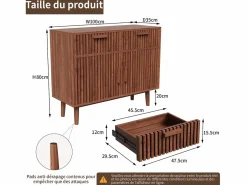 Aparador|Aparador con 2 cajones y 2 puertas, mueble de cocina, madera, 100 x 35 x 80 cm