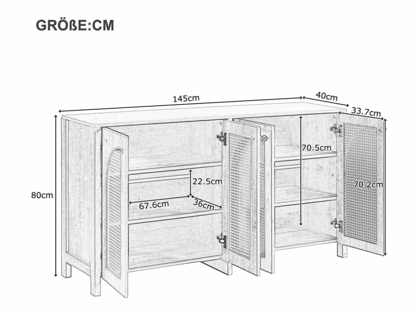 Aparador con 4 puertas de ratán - 145 x 40 x 80 cm - con estantes regulables - color natural Color natural claro Outlet