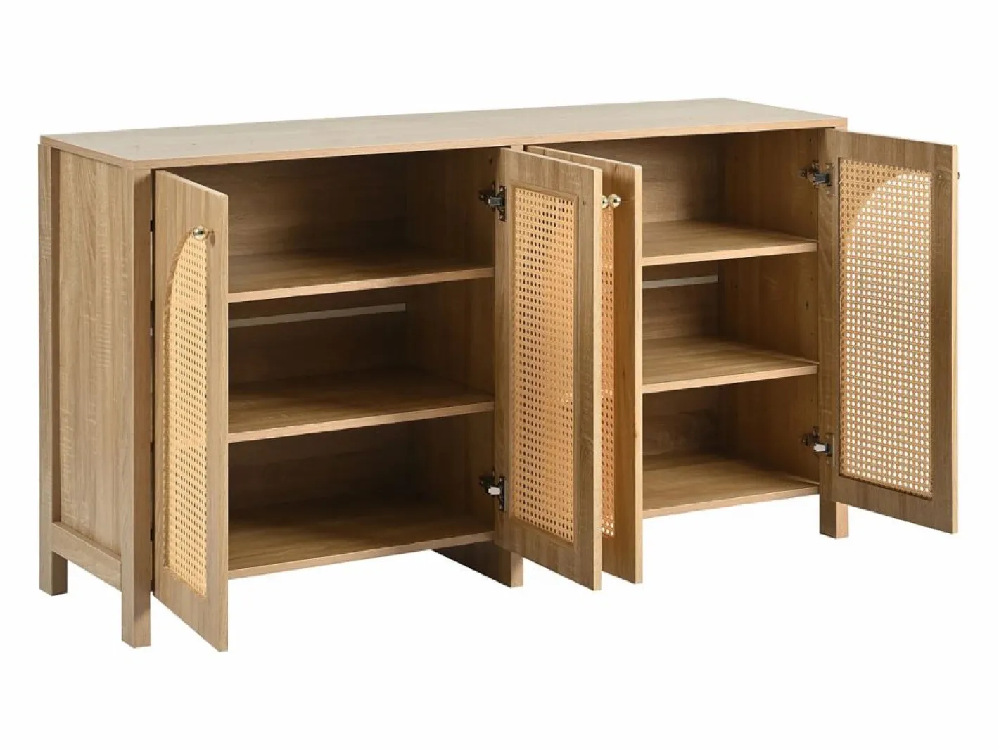 Aparador con 4 puertas de ratán - 145 x 40 x 80 cm - con estantes regulables - color natural Color natural claro Outlet