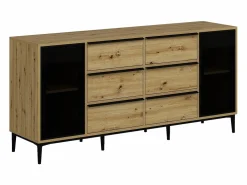 Vente-unique Aparador con 2 puertas de vidrio templado y 6 cajones - Natural y negro - MOLINIA Negro / Color natural claro Best