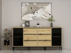Vente-unique Aparador con 2 puertas de vidrio templado y 6 cajones - Natural y negro - MOLINIA Negro / Color natural claro Best