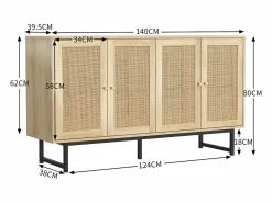 Aparador con 4 puertas de ratán - 140 x 39,5 x 80 cm - Tablero de partículas - Color madera^Merax Discount