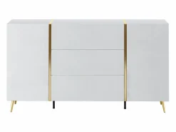 Vente-unique Aparador con 2 puertas y 3 cajones - Blanco brillo y dorado - MARZIALO Blanco / Dorado New