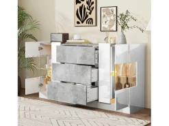 Merax Aparador con 2 puertas y 3 cajones - 140 x 35 x 75 cm - MDF y cristal - Aspecto mármol y gris brillo Blanco Hot
