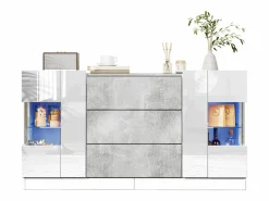 Merax Aparador con 2 puertas y 3 cajones - 140 x 35 x 75 cm - MDF y cristal - Aspecto mármol y gris brillo Blanco Hot
