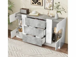 Merax Aparador con 2 puertas y 3 cajones - 140 x 35 x 75 cm - MDF y cristal - Aspecto mármol y gris brillo Blanco Hot