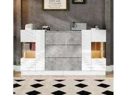 Merax Aparador con 2 puertas y 3 cajones - 140 x 35 x 75 cm - MDF y cristal - Aspecto mármol y gris brillo Blanco Hot