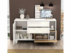 Merax Aparador con 2 puertas y 2 cajones - 120 x 40 x 75 cm - Tablero de partículas - brillo + Roble claro Blanco Online