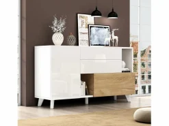 Merax Aparador con 2 puertas y 2 cajones - 120 x 40 x 75 cm - Tablero de partículas - brillo + Roble claro Blanco Online