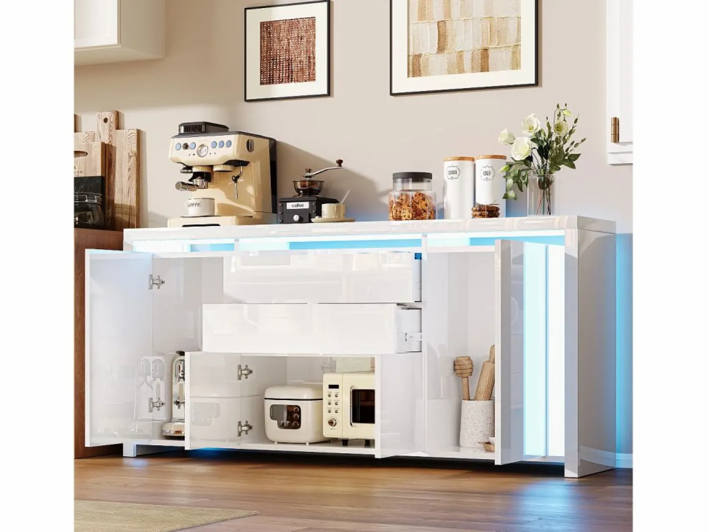 Aparador|Aparador con iluminación LED y 2 cajones - Cómoda de 4 puertas con compartimentos - Mueble de almacenaje - Mueble de cocina/salón -