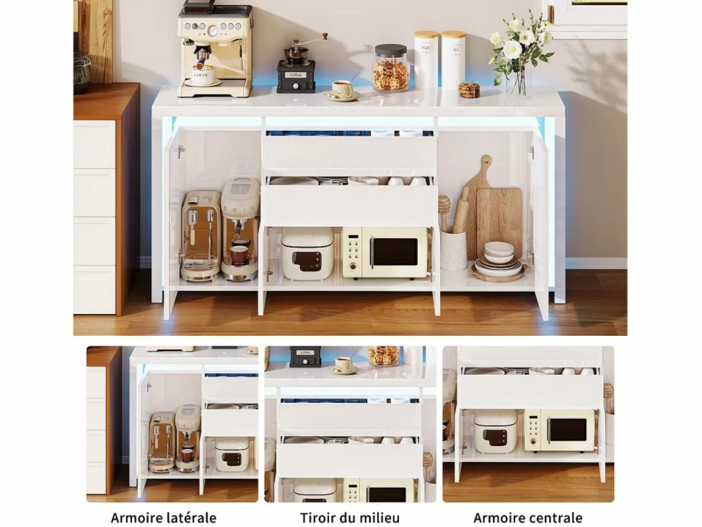 Aparador|Aparador con iluminación LED y 2 cajones - Cómoda de 4 puertas con compartimentos - Mueble de almacenaje - Mueble de cocina/salón -