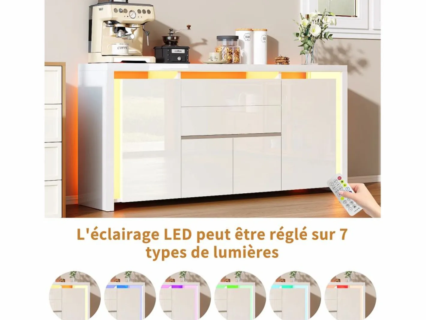 Aparador|Aparador con iluminación LED y 2 cajones - Cómoda de 4 puertas con compartimentos - Mueble de almacenaje - Mueble de cocina/salón -
