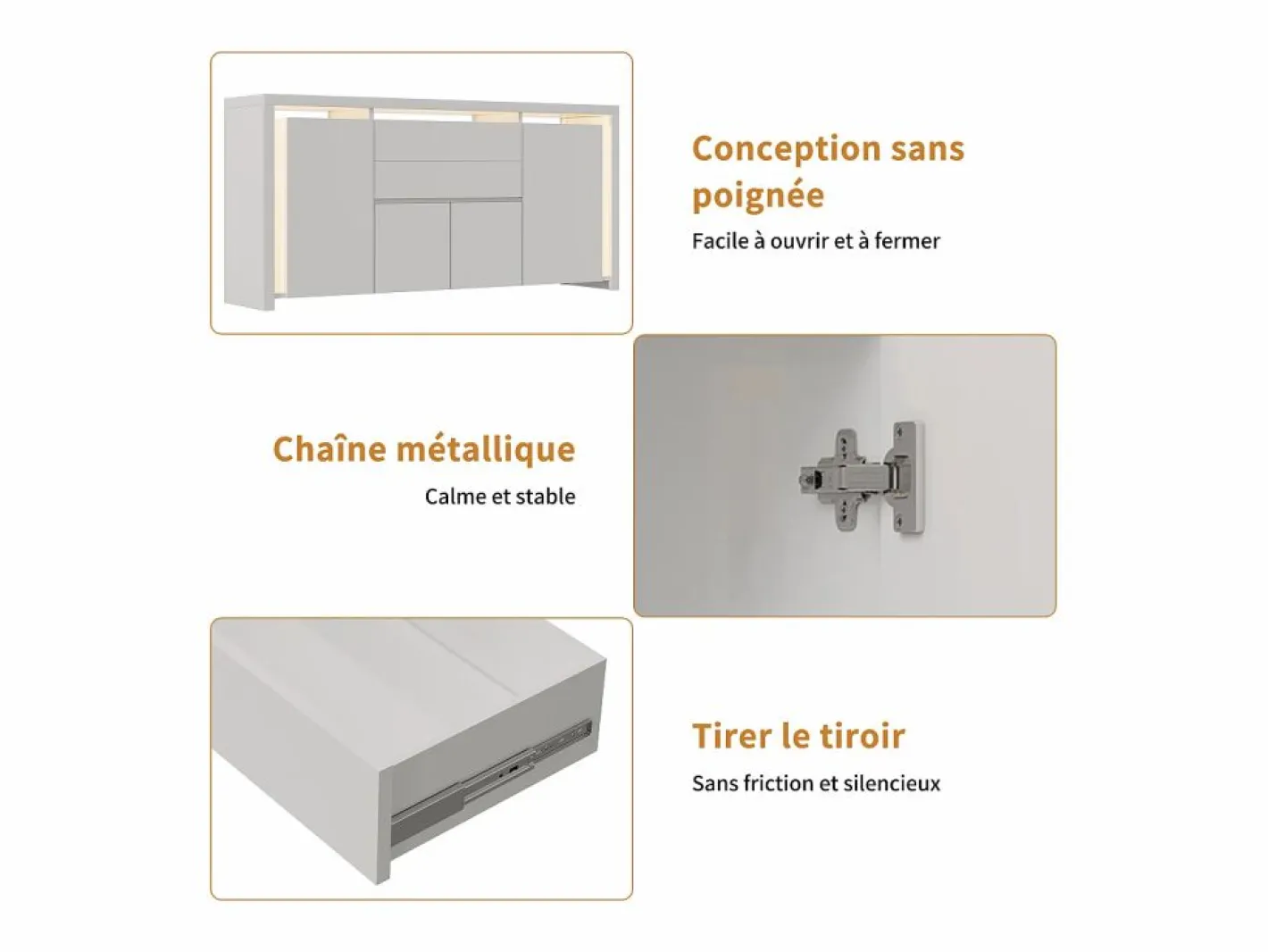 Aparador|Aparador con iluminación LED y 2 cajones - Cómoda de 4 puertas con compartimentos - Mueble de almacenaje - Mueble de cocina/salón -