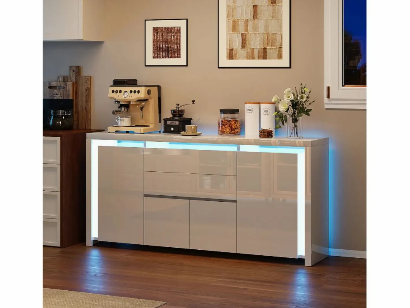 Aparador|Aparador con iluminación LED y 2 cajones - Cómoda de 4 puertas con compartimentos - Mueble de almacenaje - Mueble de cocina/salón -