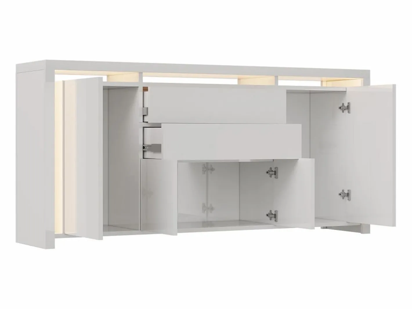 Aparador|Aparador con iluminación LED y 2 cajones - Cómoda de 4 puertas con compartimentos - Mueble de almacenaje - Mueble de cocina/salón -