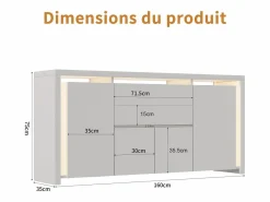Aparador|Aparador con iluminación LED y 2 cajones - Cómoda de 4 puertas con compartimentos - Mueble de almacenaje - Mueble de cocina/salón -